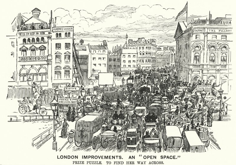 Soco cartoon: London Improvements. Um "Espaço Aberto" - congestionamento de trânsito em Londres vitoriana (gravação) de Alfred Chantrey Corbould