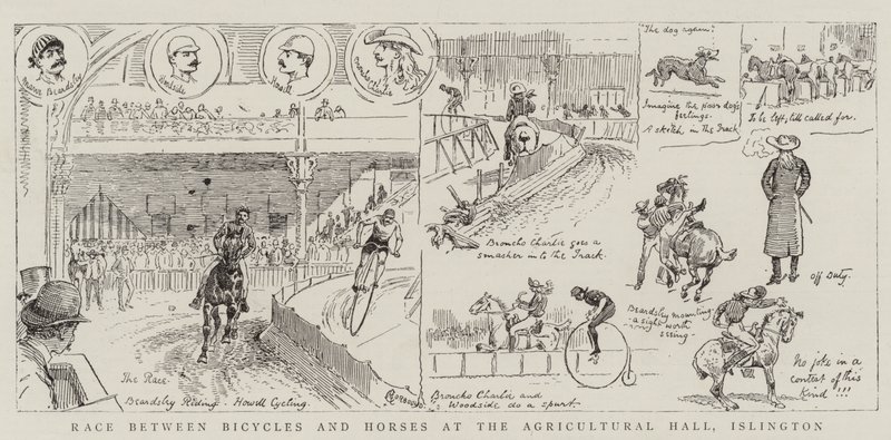 Corrida entre bicicletas e cavalos no salão agrícola, Islington de Alfred Chantrey Corbould