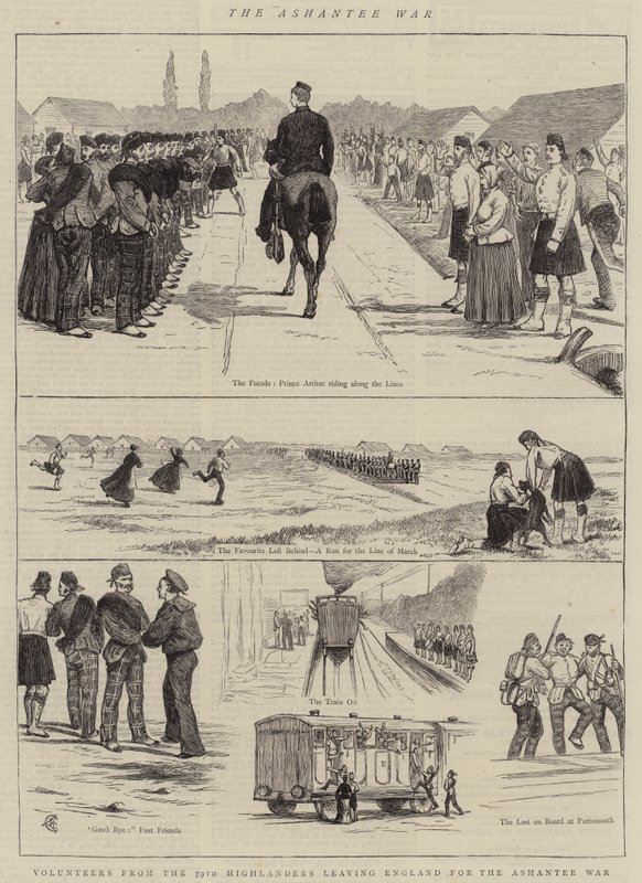 A Guerra de Ashantee, Voluntários dos 79 Highlanders deixando a Inglaterra para a Guerra de Ashantee de Alfred Chantrey Corbould