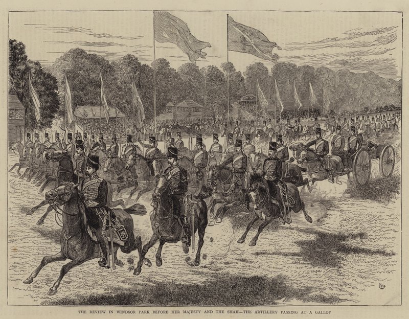 A revisão no parque de Windsor antes de sua majestade e o xá, a artilharia que passa em um galope de Alfred Chantrey Corbould