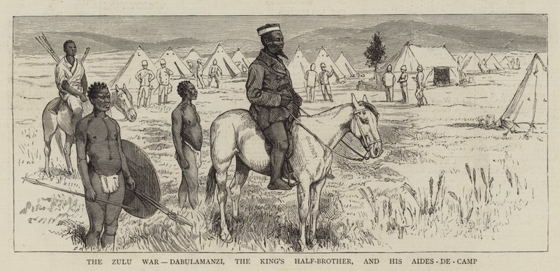 A Guerra Zulu, Dabulamanzi, o meio-irmão do rei e seus ajudantes-de-campo de Alfred Chantrey Corbould