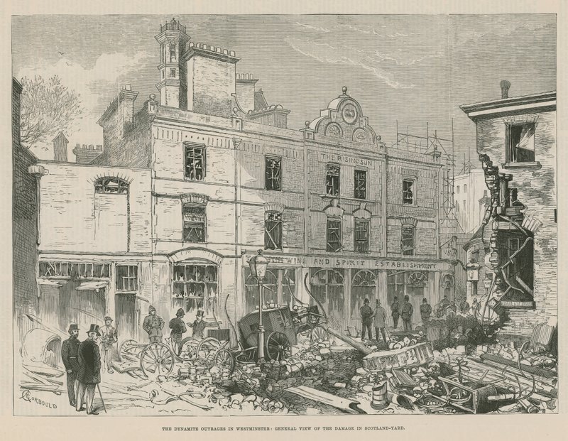 A indignação da dinamite em Westminster; Visão geral do dano na Scotland Yard de Alfred Chantrey Corbould