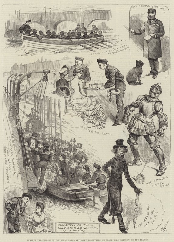 Theatricals amadores dos voluntários reais da artilharia naval, a bordo do arco-íris HMS, no Tamisa de Alfred Courbould