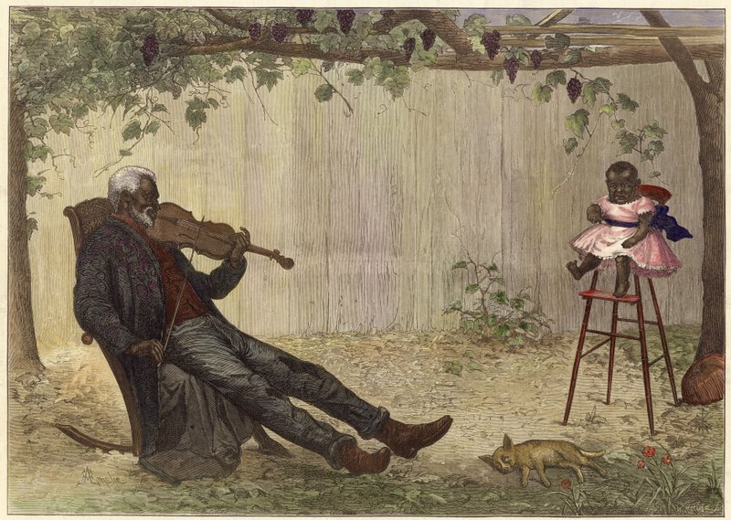 Homem negro velho a tocar violino para um bebé (gravura a cores) de Alfred Edward (after) Emslie