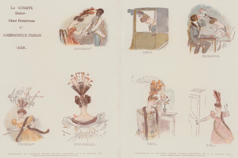 Fac-símiles de desenhos a cores originais de água, concebidos para satirizar a moda feminina em cabeça-vestidos do ano de 1828 (cromolitro) de Alfred Edward Chalon