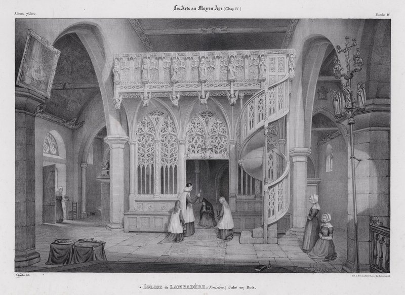 Tela de madeira talhada da Capela de Notre Dame de Lambader, Plouvorn, Bretanha, França (litho) de Alfred Guesdon