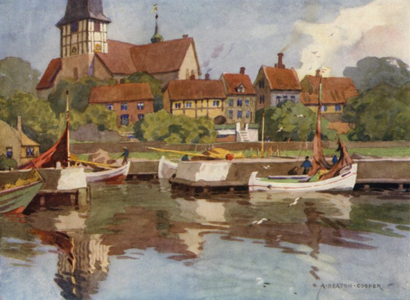 Dinamarca: Bornholm, Ronne Harbour (cor litho) de Alfred Heaton Cooper