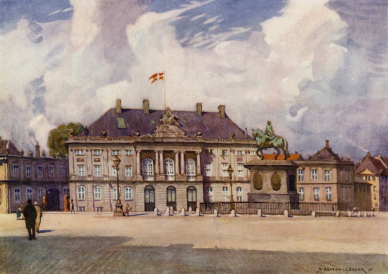 Dinamarca: Copenhagen, The Amalienborg Palace (lito colorido) de Alfred Heaton Cooper