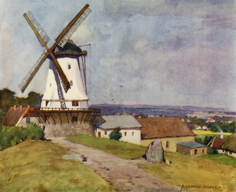 Dinamarca: Moinho Dybbol, Sonderborg, no campo de batalha de 1864 (cor litho) de Alfred Heaton Cooper