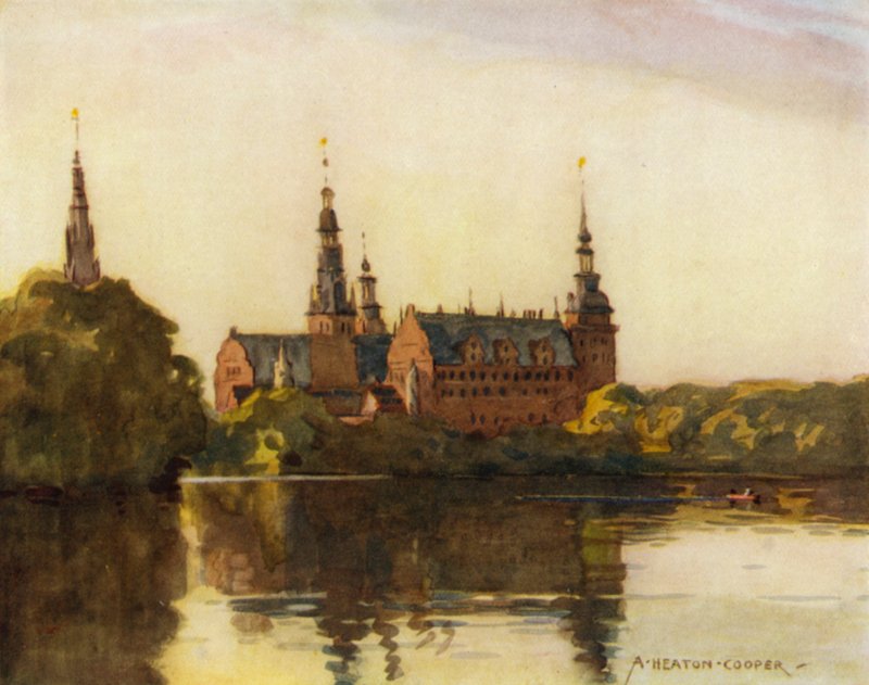 Dinamarca: Castelo de Frederiksborg (lito colorido) de Alfred Heaton Cooper