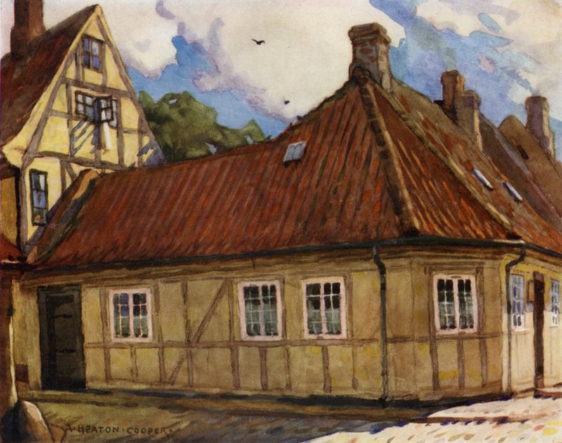 Dinamarca: Odense, O local de nascimento de Hans Andersen (cor litho) de Alfred Heaton Cooper