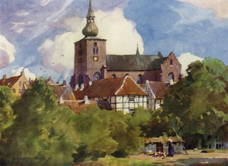 Dinamarca: Igreja Randers, Jutlândia do Norte (cor litho) de Alfred Heaton Cooper