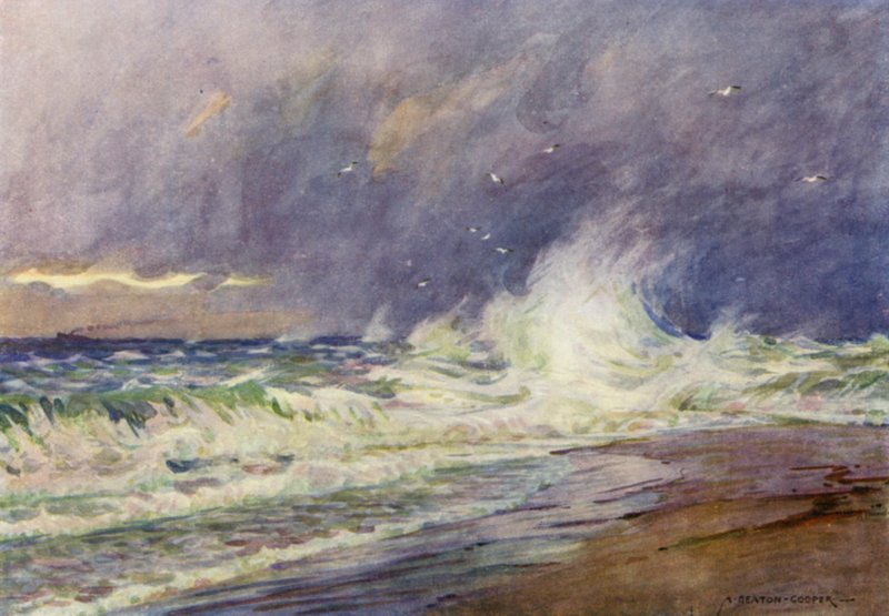 Dinamarca: O Skaw, Encontro do Mar do Norte e Kattegat (lito a cores) de Alfred Heaton Cooper