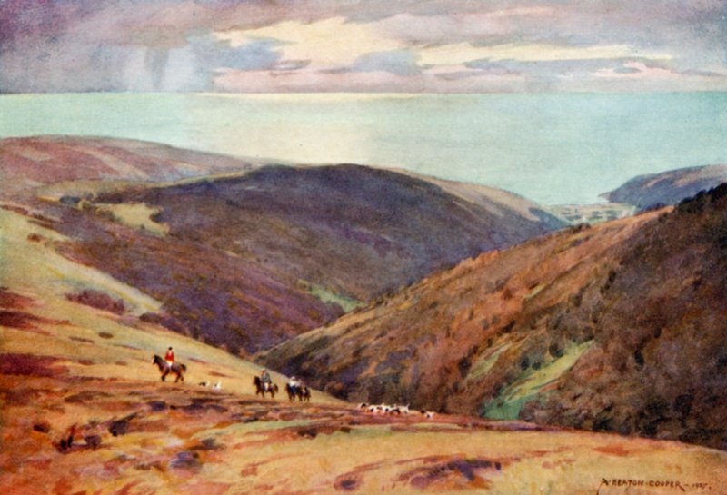 Hunting the Red Deer on Exmoor, Vale of Porlock (cor litho) de Alfred Heaton Cooper