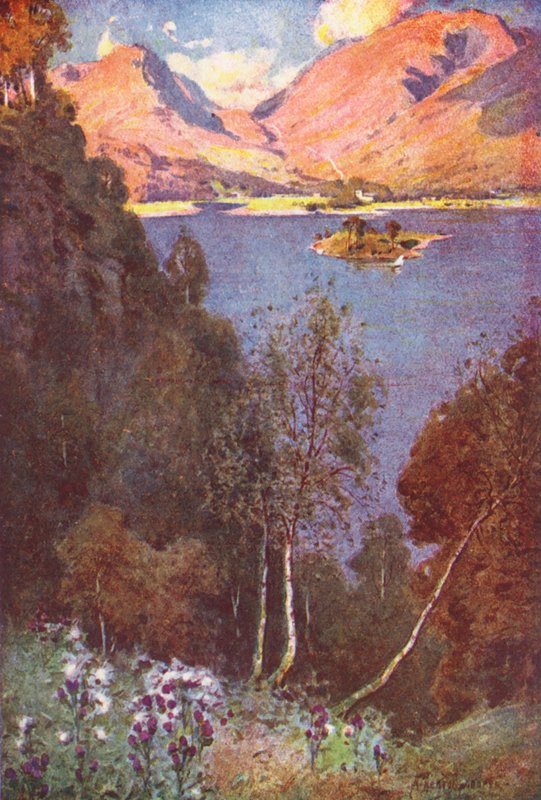 Região dos lagos: Um vislumbre de Grasmere, sol da tarde (litografia a cores) de Alfred Heaton Cooper