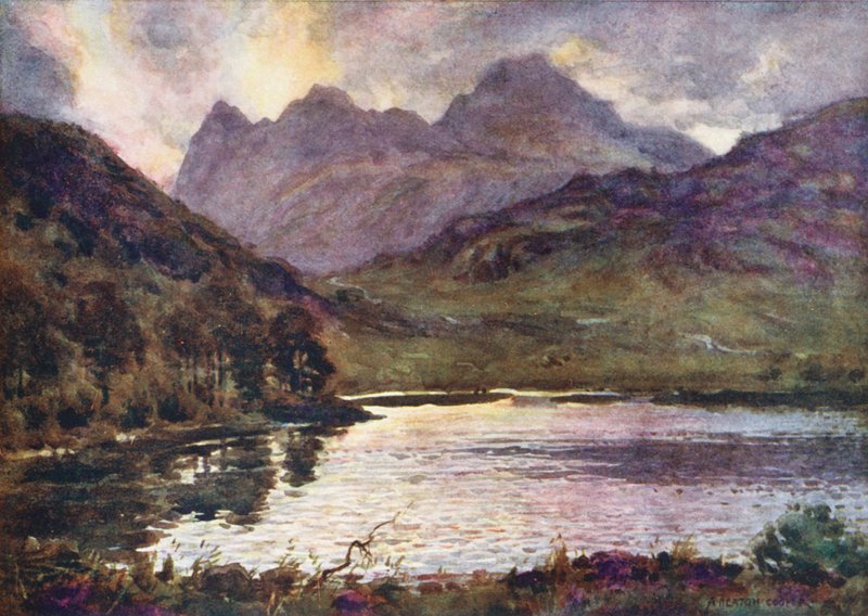 Região dos lagos: Blea Tarn e Langdale Pikes (litografia a cores) de Alfred Heaton Cooper