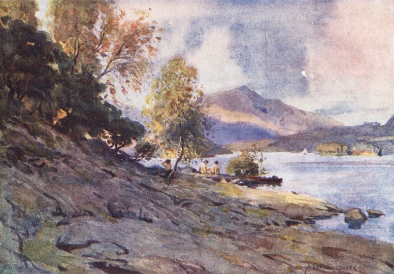 Região dos lagos: By the Shores of Derwentwater (litografia a cores) de Alfred Heaton Cooper