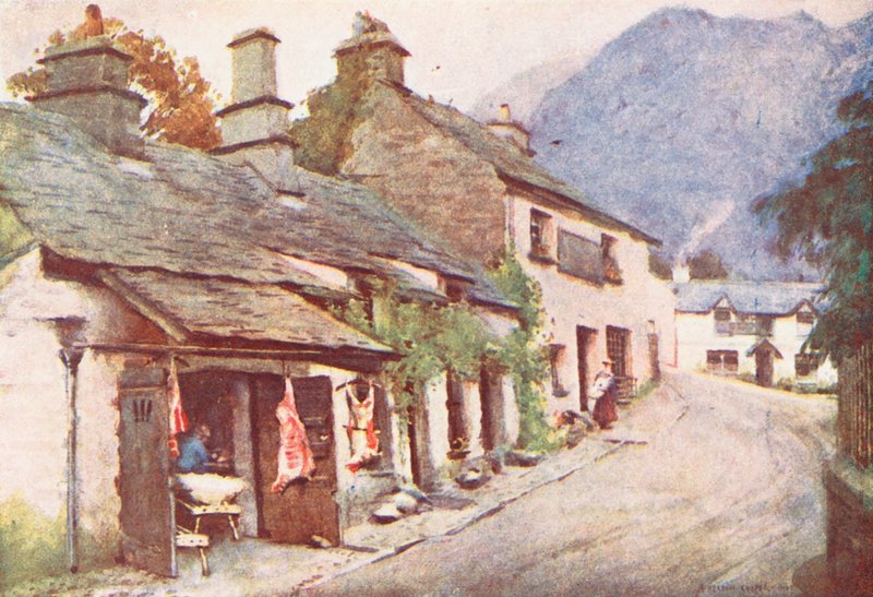 Distrito dos Lagos: Aldeia de Coniston, o antigo talho (litografia a cores) de Alfred Heaton Cooper