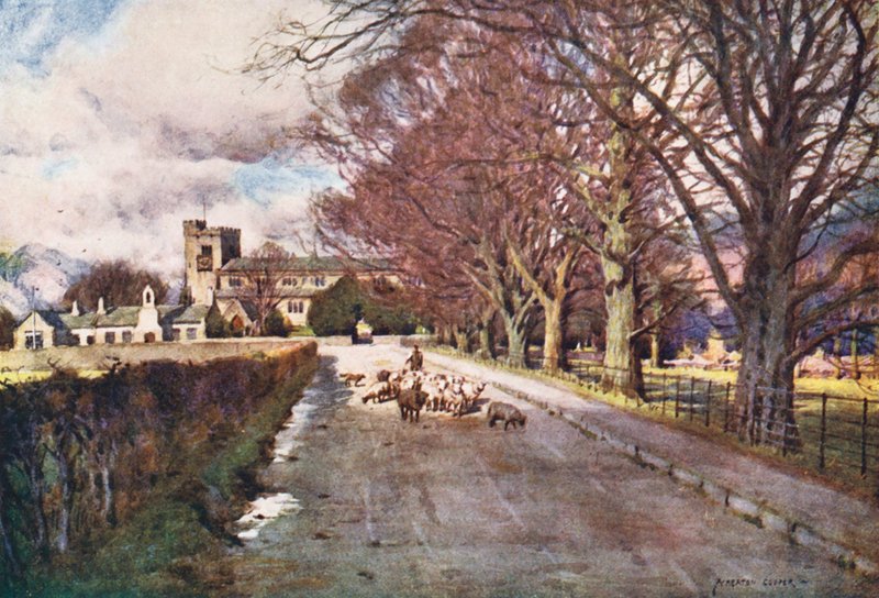Região dos Lagos: Igreja de Crosthwaite, Keswick (litografia a cores) de Alfred Heaton Cooper