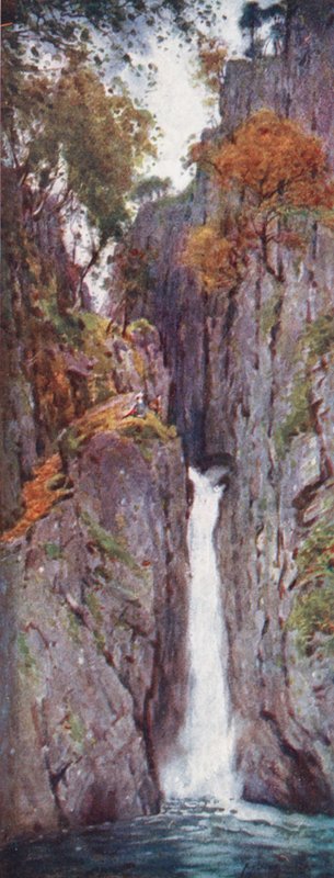Região dos Lagos: Dalegarth Force, Eskdale (litografia a cores) de Alfred Heaton Cooper
