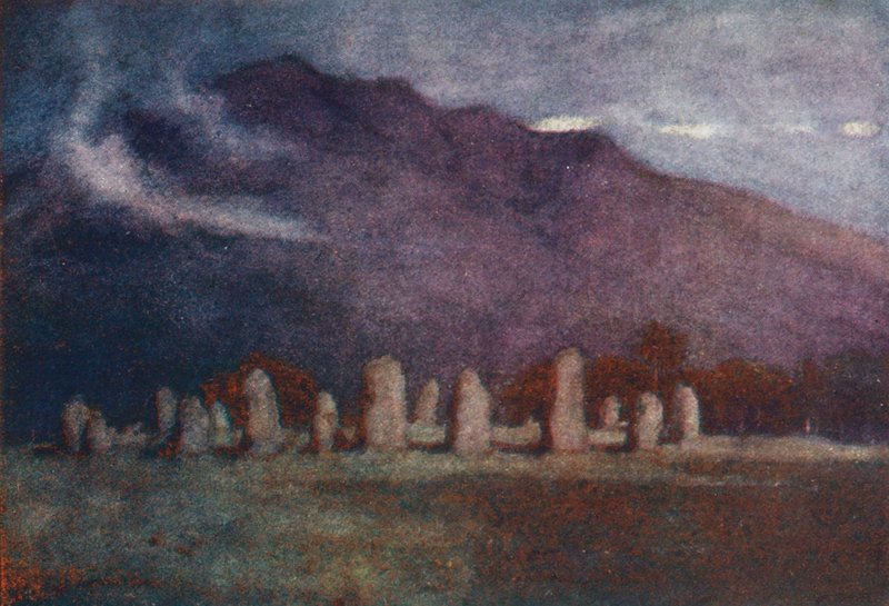 Região dos lagos: Druid Circle, perto de Keswick, ao luar (litografia a cores) de Alfred Heaton Cooper