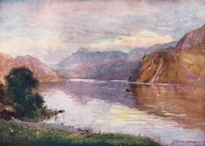 Região dos lagos: Lago Ennerdale ao pôr do sol (litografia a cores) de Alfred Heaton Cooper