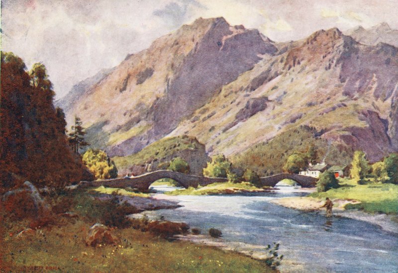Região dos lagos: Grange em Borrowdale, de manhã cedo (litografia a cores) de Alfred Heaton Cooper