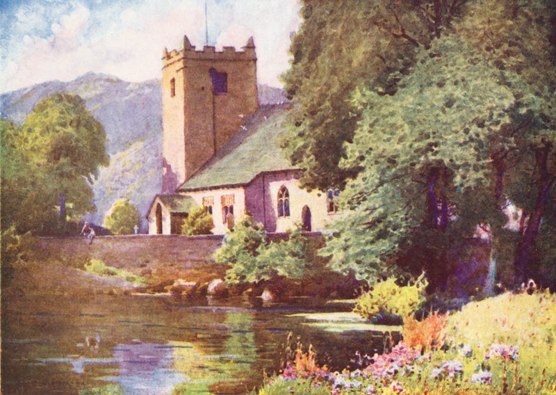 Distrito dos Lagos: Igreja de Grasmere (litografia a cores) de Alfred Heaton Cooper