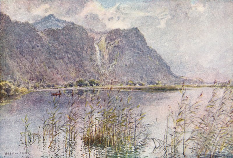 Região dos lagos: Lodore e Derwentwater, numa manhã de verão (litografia a cores) de Alfred Heaton Cooper