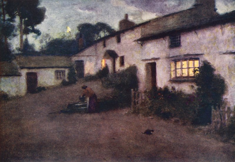 Região dos Lagos: Moonlight and Lamplight, Coniston (litografia a cores) de Alfred Heaton Cooper