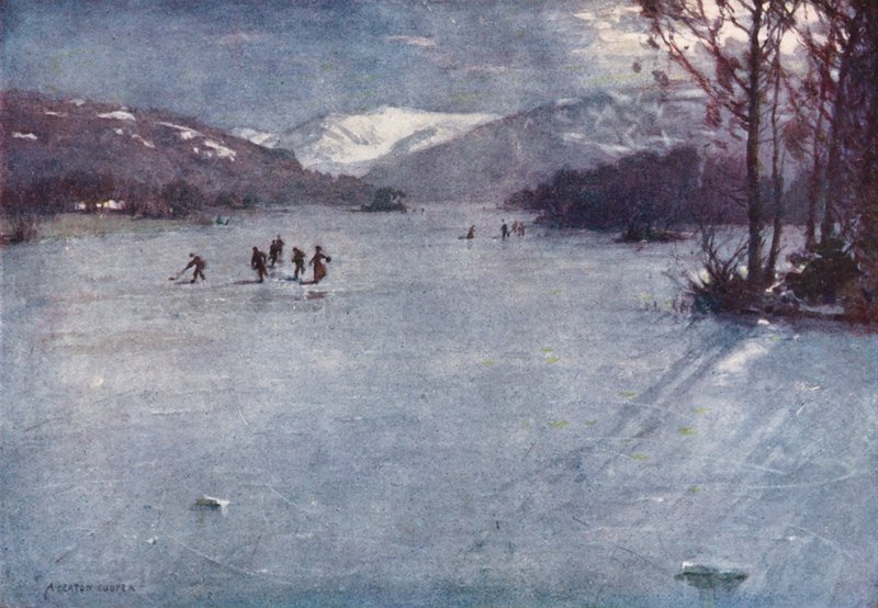 Região dos Lagos: Perto do Ferry, Windermere, Patinagem ao luar (litografia a cores) de Alfred Heaton Cooper