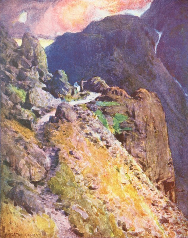 Região dos lagos: Perto do topo do Styhead Pass, Wastdale (litografia a cores) de Alfred Heaton Cooper