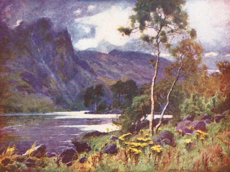 Região dos Lagos: Raven Crag, Thirlmere (litografia a cores) de Alfred Heaton Cooper