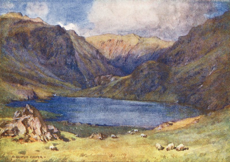 Região dos lagos: Seathwaite Tarn, Vale de Duddon (litografia a cores) de Alfred Heaton Cooper