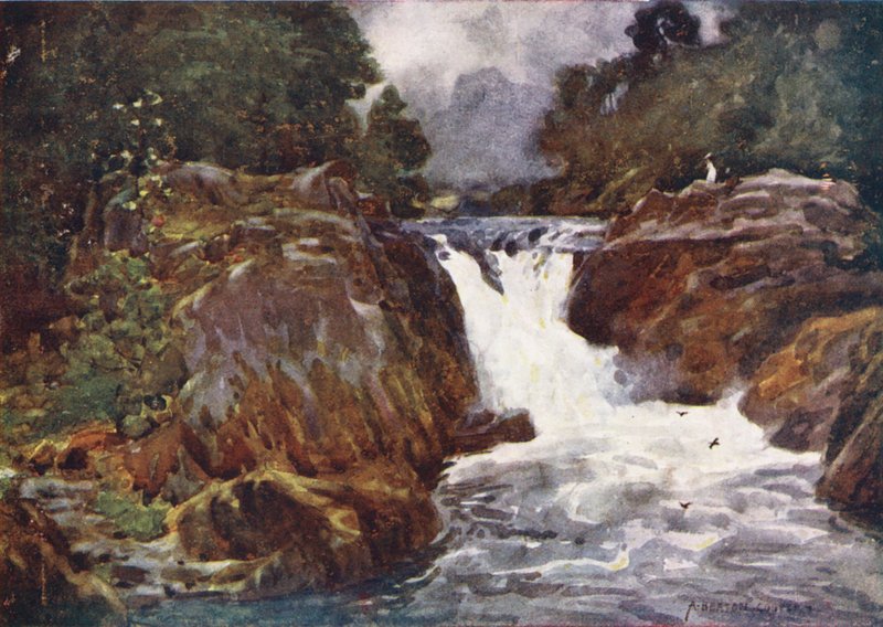 Região dos Lagos: Skelwith Force, Langdale (litografia a cores) de Alfred Heaton Cooper