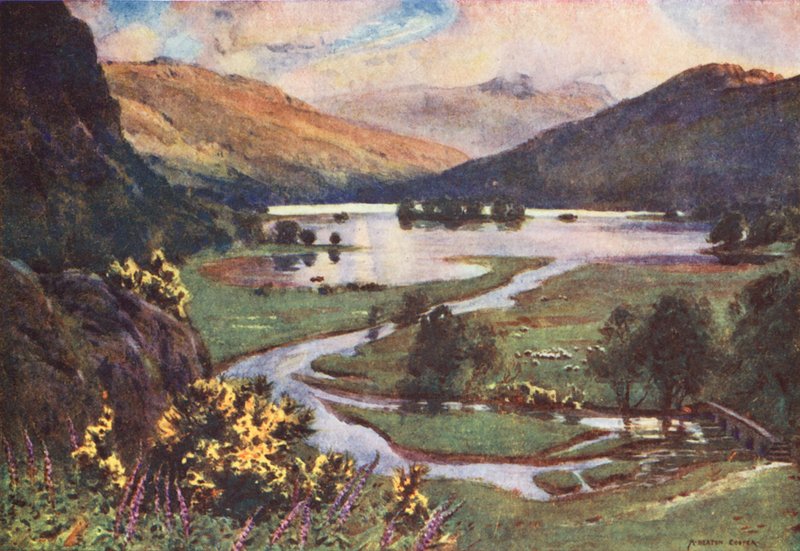 Região dos lagos: Pôr do sol, Rydal Water (litografia a cores) de Alfred Heaton Cooper