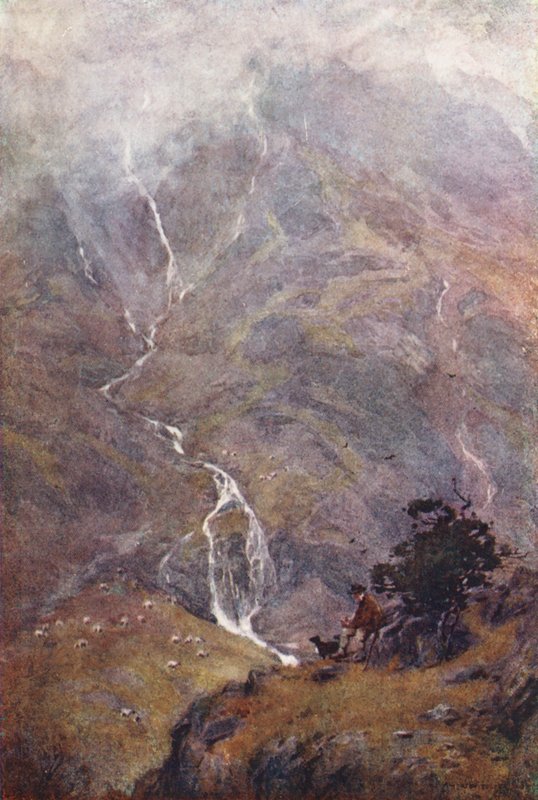 Região dos Lagos: The Shepherd, Yewdale, Coniston (litografia a cores) de Alfred Heaton Cooper