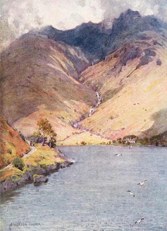 Região dos Lagos: Wastwater e Scawfell (litografia a cores) de Alfred Heaton Cooper