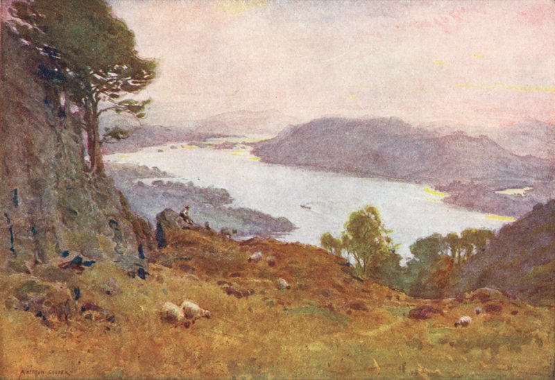 Região dos lagos: Windermere a partir de Wansfell, ao pôr do sol (litografia a cores) de Alfred Heaton Cooper