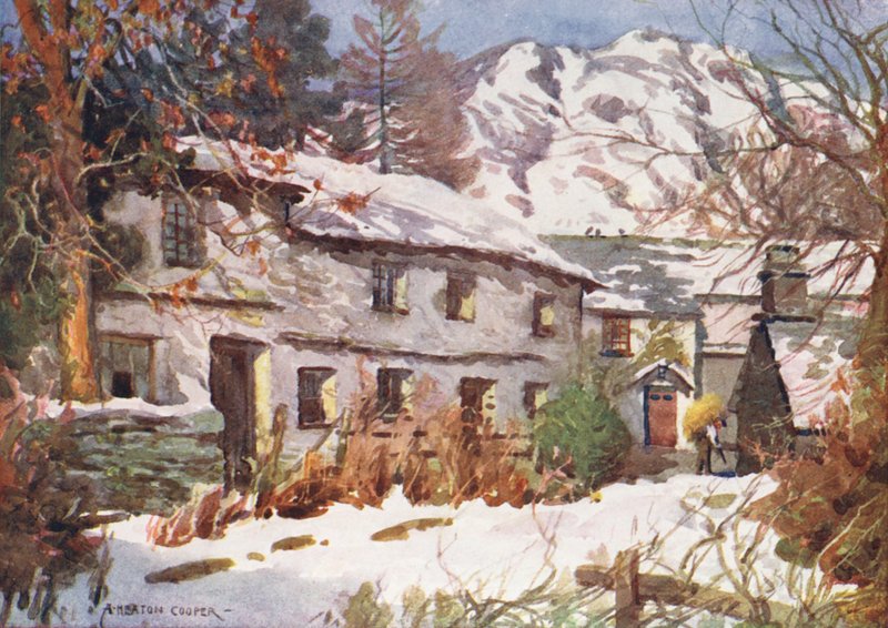 Região dos Lagos: Winter Sunshine, Coniston (litografia a cores) de Alfred Heaton Cooper