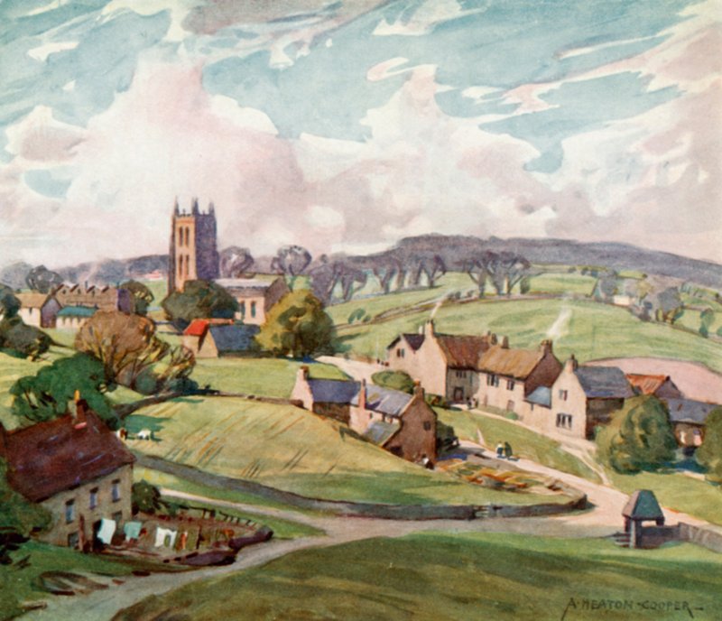 Mells Village, Perto de Frome (cor litho) de Alfred Heaton Cooper
