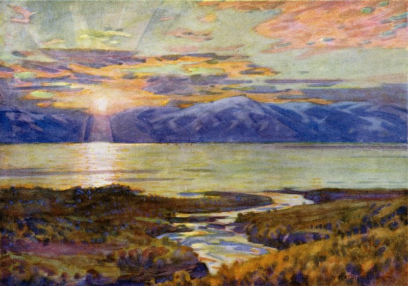 Sol da Meia-noite sobre o Lago Torne Trask, de Abisko de Alfred Heaton Cooper
