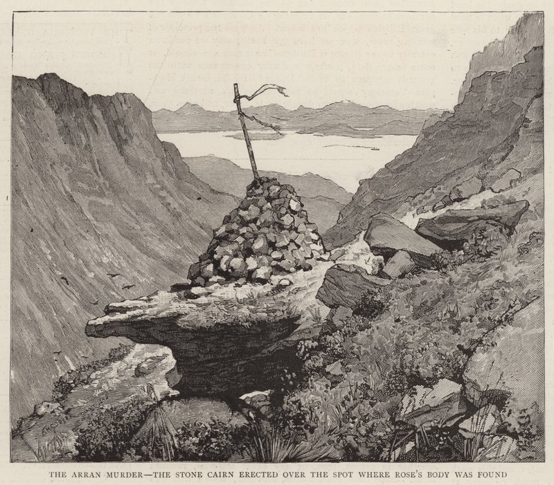 O Arran Murder, o Stone Cairn, erguido sobre o local onde o corpo de Rose foi encontrado de Alfred Heaton Cooper