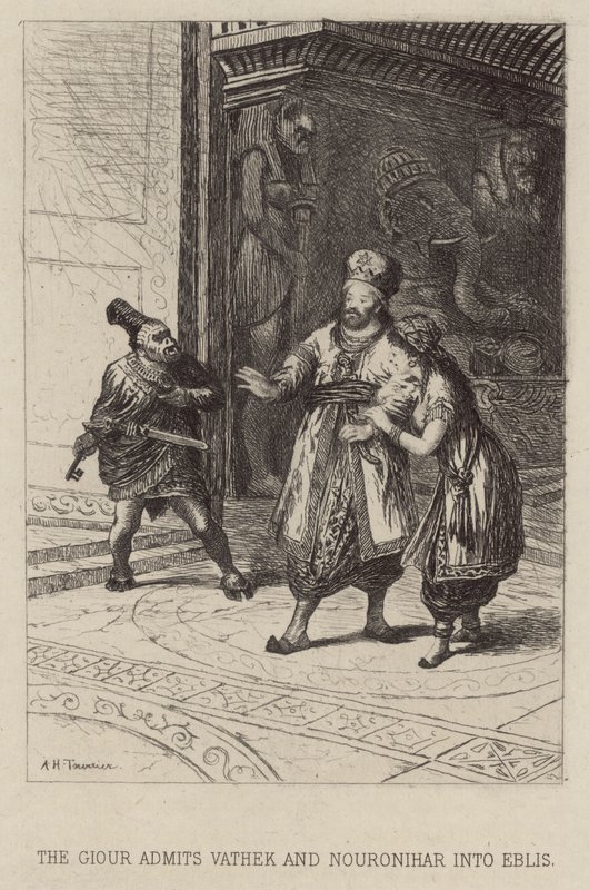 O Giour admite Vathek e Nouronihar no Eblis (gravura) de Alfred Holst Tourrier