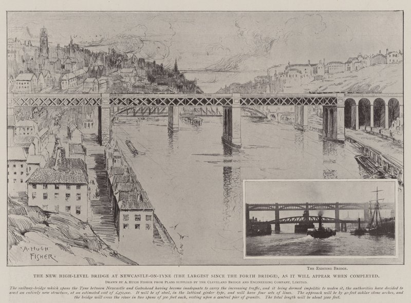 A nova ponte de alto nível em Newcastle-on-Tyne (a maior desde a ponte Forth), como aparecerá quando concluída de Alfred Hugh Fisher