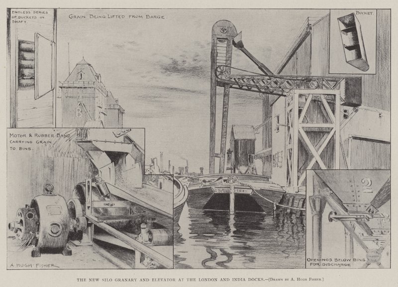 O novo celeiro de silo e elevador nas docas de Londres e Índia de Alfred Hugh Fisher