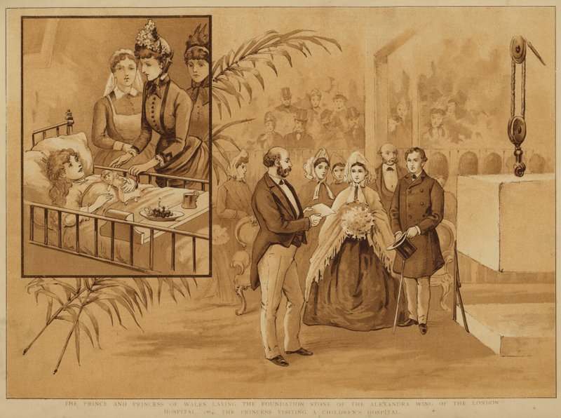 Príncipe e princesa de Gales lançando a pedra fundamental do hospital de Londres de Alfred Johnson