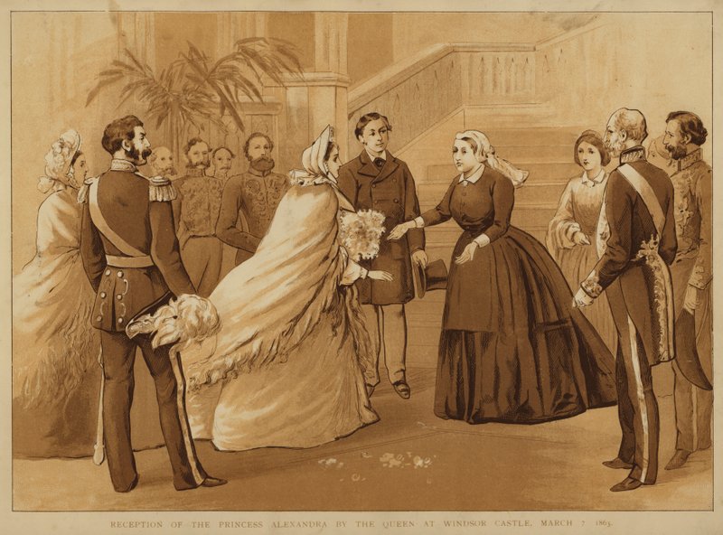 Recepção da Princesa Alexandra pela Rainha Vitória no Castelo de Windsor, 7 de março de 1863 (cromolito) de Alfred Johnson