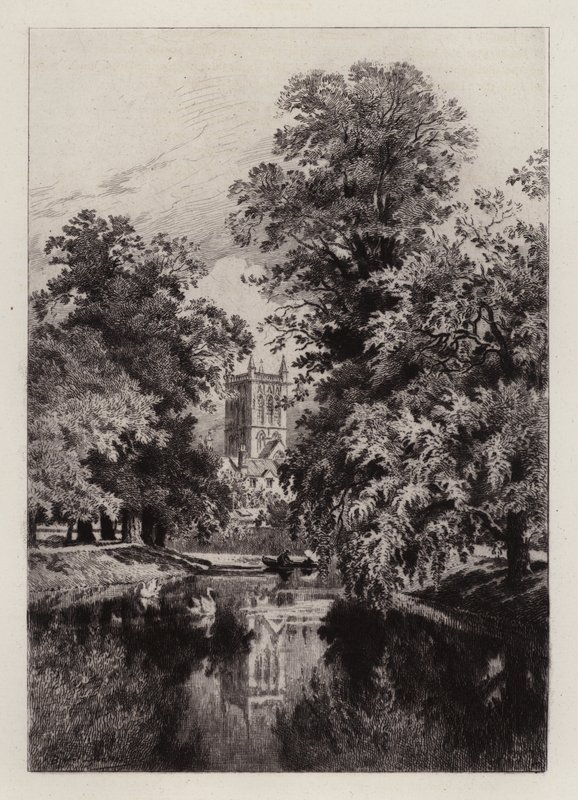 Cambridge: O Cam perto do Trinity College, com a Torre da Capela de São João (gravura) de Alfred Louis Brunet Debaines