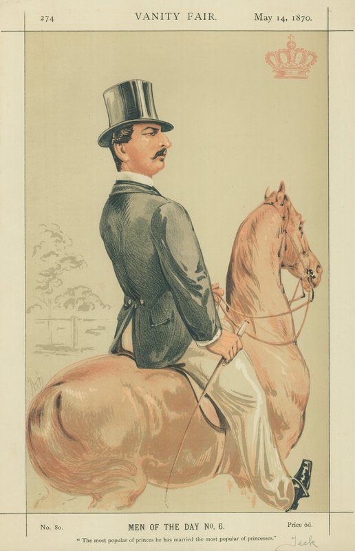 HSH O Duque de Teck, o mais popular dos príncipes ele se casou com a mais popular das princesas, 14 de maio de 1870, cartoon Vanity Fair de Alfred Thompson